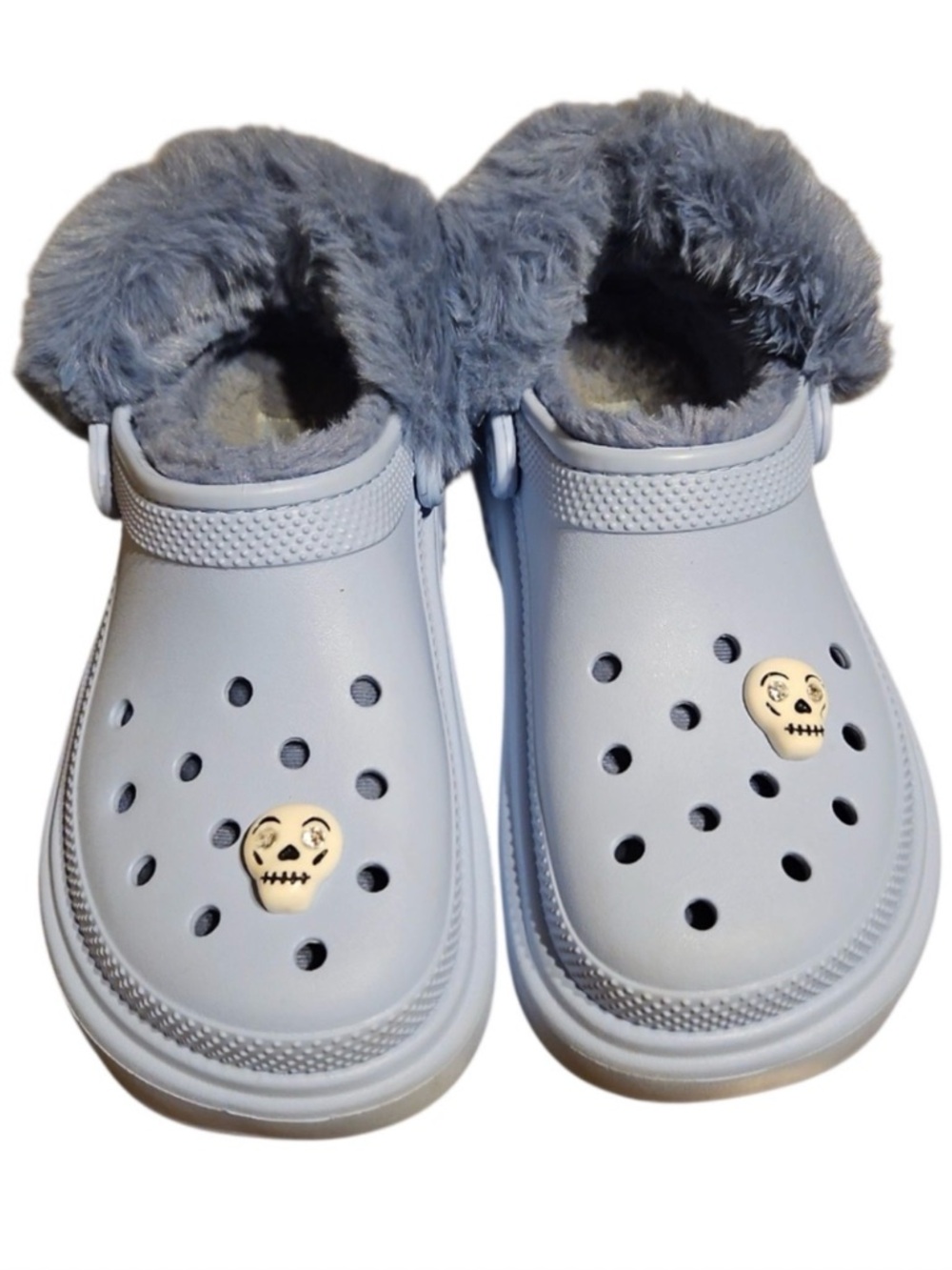 CROCS Light Blue Faux Fur Lined Clogs with Skull Charms
